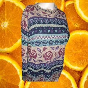 Vintage Medallion Colorful Knit Sweater with Rose Pattern‎